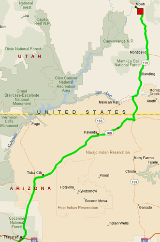 Unsere Route von Flagstaff nach Moab